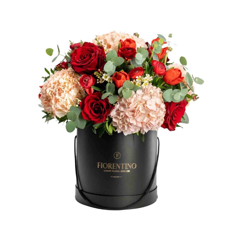 μαύρο κουτί με κόκκινα τριαντάφυλλα και ροζ ορτανσίες