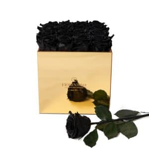 golden, mirror box with black forever roses as a gift from our flower shops