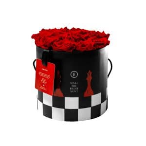 red forever roses in round box with chess theme