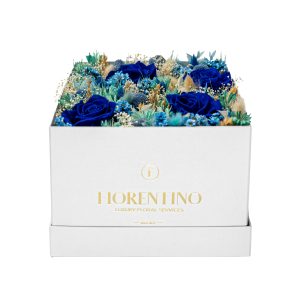 blue flowers in box