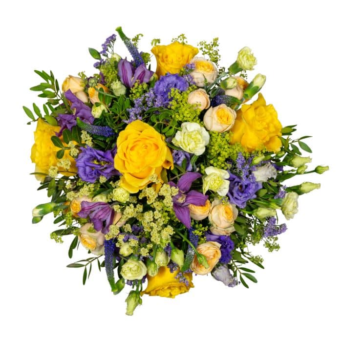 bouquet with yellow and purple flowers as a gift with online order from our flower shops