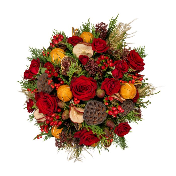 christmas bouquet with red roses and dried oranges with online order
